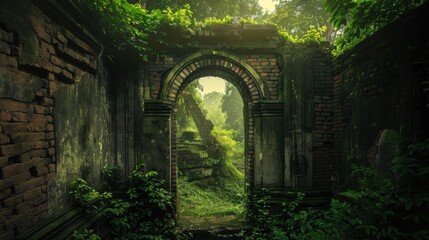 Fototapeta premium Enigmatic Ancient Ruins Overtaken by Lush Vegetation - Serene Mystical Atmosphere in Historical Site
