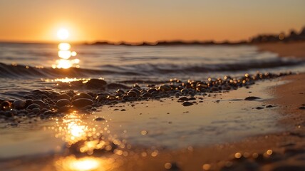 Tranquil Beach Sunset: Serene Bokeh with Sunlit Reflections Background