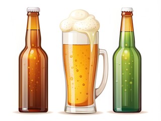 Colorful vector icons set featuring a beer bottle with foamy head, a filled glass, and a pint overflowing with frothy liquid, against a white background.