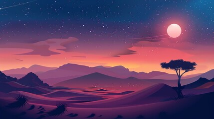 Fototapeta premium A colorful, stylized desert landscape at sunset.
