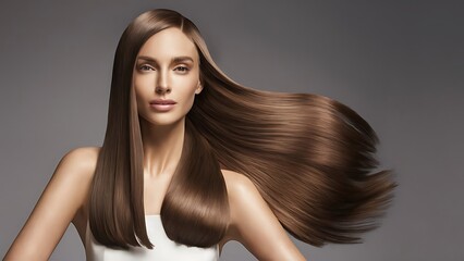 Naklejka premium Fashion woman with straight long shiny hair. Beauty and hair care. model girl with shiny brown and straight long hair.