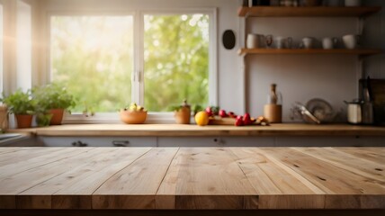 Wooden Table on Blurred Kitchen Bench Background. Empty Wooden Table and Blurred Kitchen Background. Empty Wooden Table and Blurred Kitchen Background.