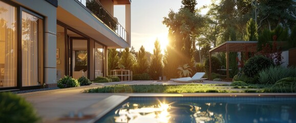 A modern home with a pool, surrounded by lush greenery and bathed in the warm glow of sunset, symbolizing luxury and relaxation.