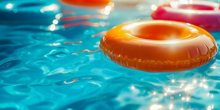 The program of rest and relaxation. Inflatable circles for swimming in a warm summer pool with blue water, hotel accommodation, tourist trips, summer holidays.