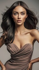 Naklejka premium Portfolio of beautiful Latina woman, fashion model with a regular oval face, blue eyes and clean, perfect skin.