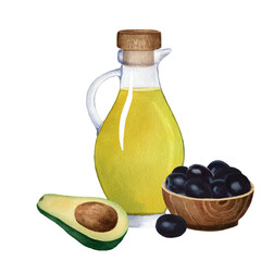 Composition of glass jug with olive oil, avocado, bowl with black olives and cork. Watercolor illustration on white background. For design, cards