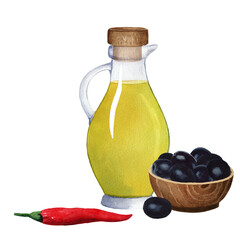 Composition of glass jug with olive oil, red pepper, bowl with black olives and cork. Watercolor illustration on white background. For design, cards