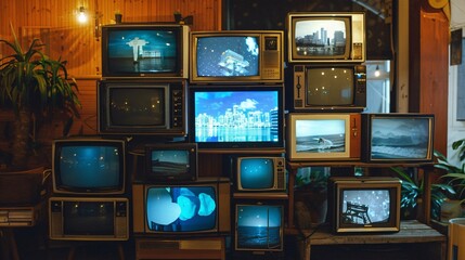 A lot of old vintage televisions in a dark room. TV addiction and news concept.
