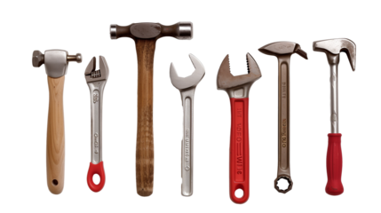  hand tools  hammer wrench screwdriver plier transparent background