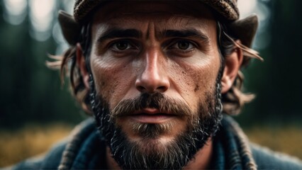 Obraz premium Portrait of a pensive bearded man in nature in the woods