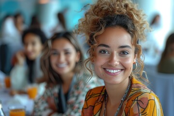 Fototapeta premium A joyful woman smiles at the camera while her friend sits in the background in a lively restaurant setting, suggesting happiness and friendship.