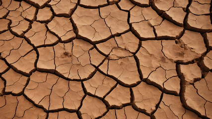 A detailed close-up of dry, cracked earth in a natural brown color palette. Ideal for backgrounds. Generative AI