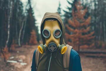A hooded individual wearing a yellow gas mask is seen in a forest path, evoking feelings of caution and preparedness. The autumn leaves and muted colors create a somber mood.