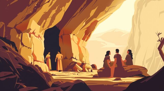 Genesis : Sodom and Gomorrah , Biblical Illustration of Lot and Daughters Settling in a Cave, Genesis Narrative, Beige Background, Copyspace