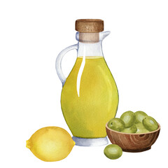 Composition of glass jug with olive oil, lemon, bowl with green olives and cork. Watercolor illustration on white background. For design, cards, logo
