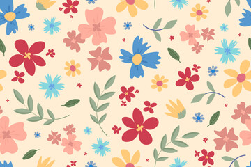 Vector floral seamless pattern with colorful flowers on beige background.