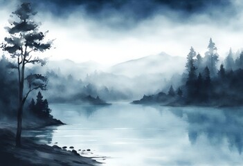 river watercolor ocean mountains drawing made painting drawn sea landscape fog blue coast background style art artist pre cloud cloudy scene hand lake neo forest noir coastline minimalist