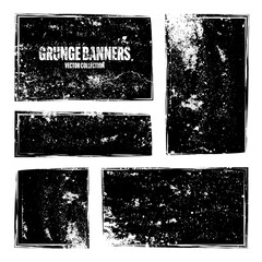 Grunge square frames, banners with stains and scratches. Brush stroke, rectangular shape design element. Distressed dirty text frame, border. Paintbrush, ink stains. Vector illustration