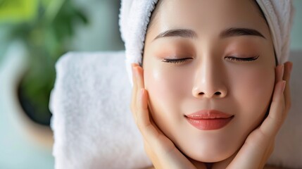 Beautiful asian woman with cherry blossom flower. Face care, Facial treatment concept.