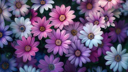 Colorful daisies in full bloom  vibrant pink and purple flowers in a garden setting