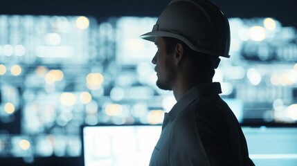 Engineer in hard hat overseeing multiple monitors in control room with advanced technology, focused on system management and operations.