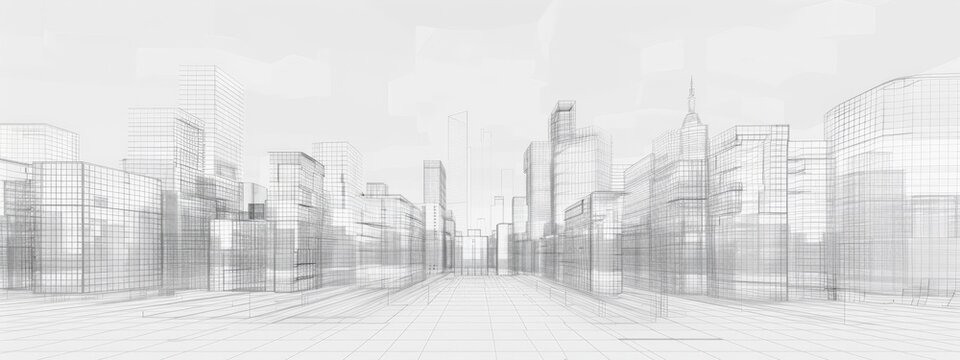 Abstract wireframe cityscape illustration, black and white, conveying urban planning and architectural design, horizontal illustration, copy space