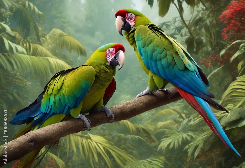 Wall mural two vibrant macaws perched on a branch in a lush tropical rainforest.