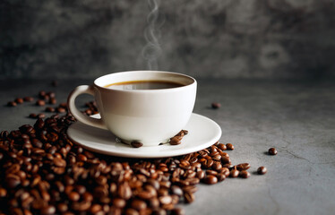 Coffee cup and coffee beans on  gray background, Black coffee cup aromatic