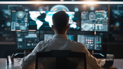 Professional working on multiple screens in a high-tech control room, monitoring global data and operation in a high security environment.