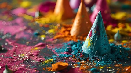Fototapeta premium Colorful powder and cones arranged on a table for a vibrant display of traditional decorations.