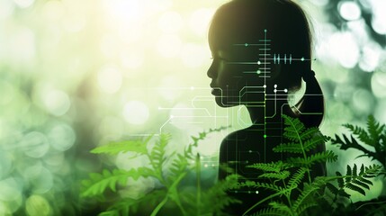 Silhouette of a child with a futuristic digital overlay set against a serene, natural background with lush green foliage.