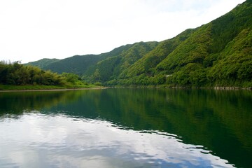 Scenery of Shimanto River and green mountains in May