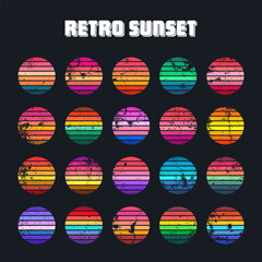 Grunge vintage sunset collection. Colorful striped sunrise badges in 80s and 90s style. Sun and ocean view, summer vibes, surfing. Design element for print, logo or t-shirt. Vector illustration