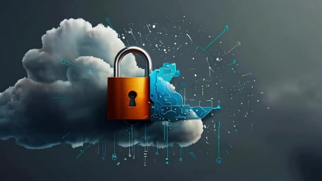 The video shows a gold lock on top of a cloud with a blue circuit board pattern underneath.