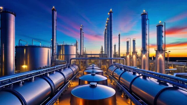 An industrial oil refinery with many large storage tanks and a beautiful sunset sky.
