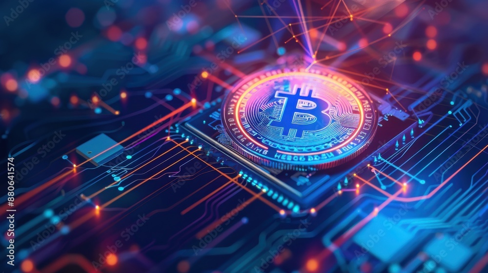 Poster cryptocurrency mining operation with blockchain validation, efficient and technical.