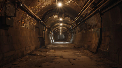 old abandoned factory tunnel corridor with pipes and glowing lights