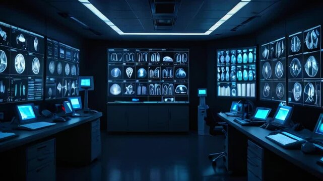 A dark room with many computers and screens showing medical images.