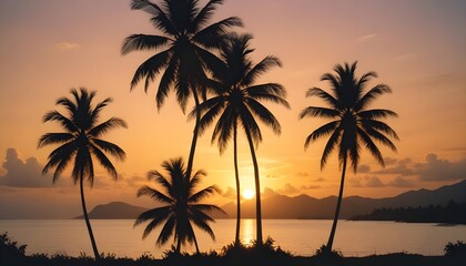 Obraz premium Idyllic island landscape with clusters of tall coconut palm trees silhouetted against a golden sunset 