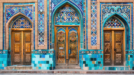 Obraz premium Uzbek designs decorate glazed tiles that adorn mosque walls, creating a vibrant and timeless backdrop.