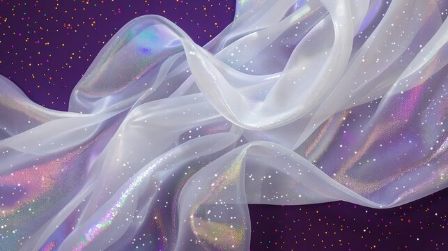 Bright white transparent fabric with rainbow glitter specks, flowing against a deep purple background, symbolizing purity with a touch of whimsy. - Powered by Adobe