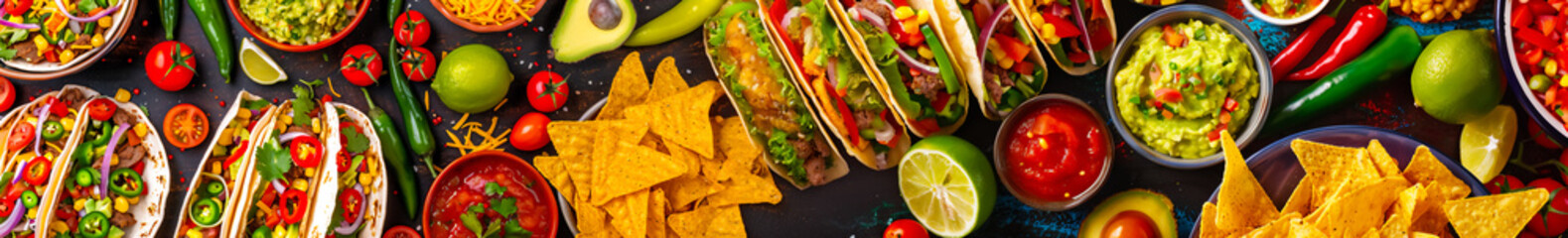Mexican food feast with tacos, guacamole, nachos, salsa, and fresh ingredients.Horizontal image