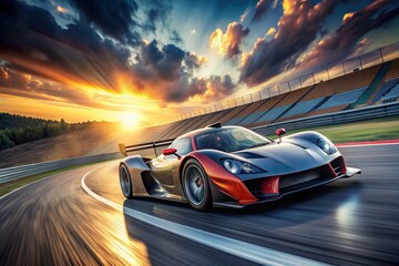 High-performance race car speeds around a curved circuit, showcasing advanced engine technology and sleek design, amidst a thrilling motorsport challenge atmosphere.