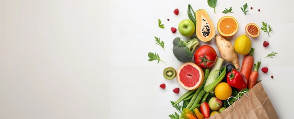 Paper Bag Full of Fresh Fruits, Vegetables, and Healthy Foods on White Background with Copy Space for Web Banner