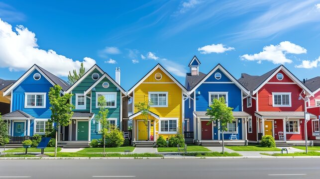 A row of colorful houses on a street.