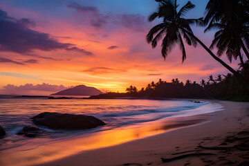 A Tranquil Beach at Sunset: The Interplay of Pastel Sky, Palm Silhouettes and Soft Sands