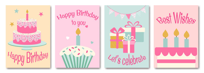 A set of four birthday cards with a cake, candles, and gifts. The cards are pink and feature a happy birthday message