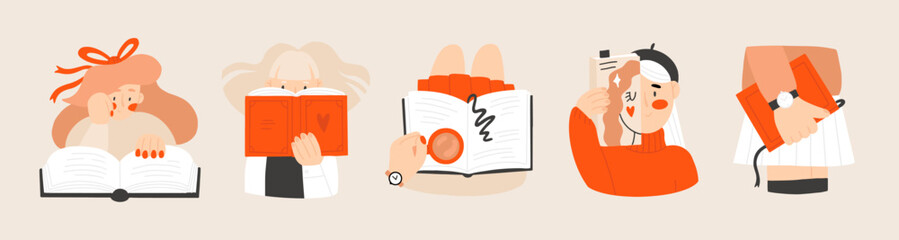 Girls reading books. Cute vector stickers set with book lovers. 