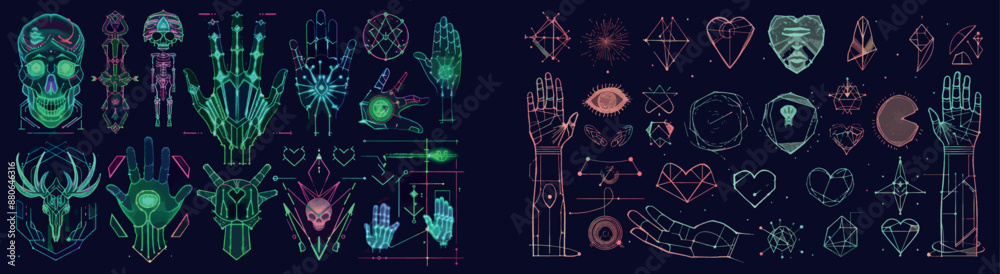 Poster y2k grid abstract shape and design elements. wireframe modern illustration set of geometric forms an