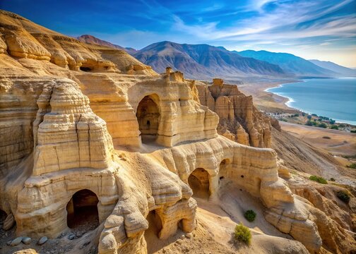 Ancient limestone caves carved into limestone cliffs overlooking the Dead Sea, Israel, with atmospheric desert landscape and rugged mountains in the background.